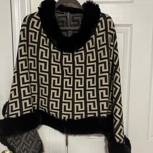 Geometric Patterned Black and Cream Poncho
